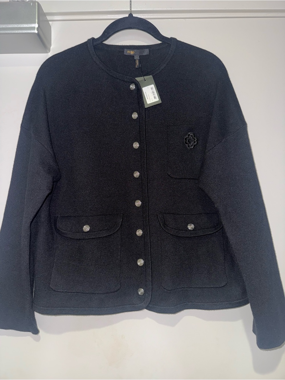 Maje Black Button-Front Wool Jacket with Floral Patch